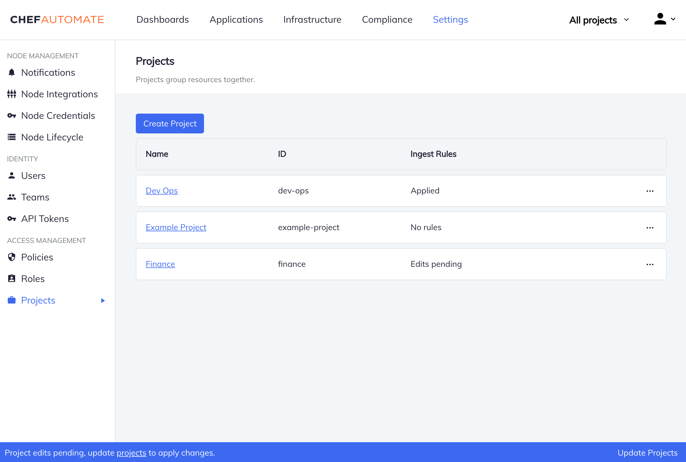 Chef Automate admin projects page